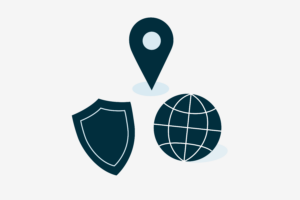 Illustration av en kartnål, en sköld och en glob.