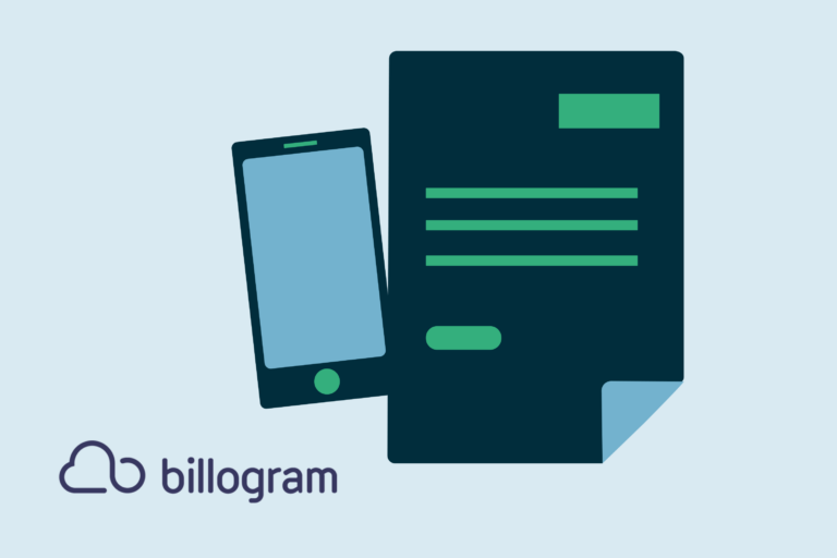 Illustration av en mobiltelefon och ett dokument med text samt logotypen billogram.