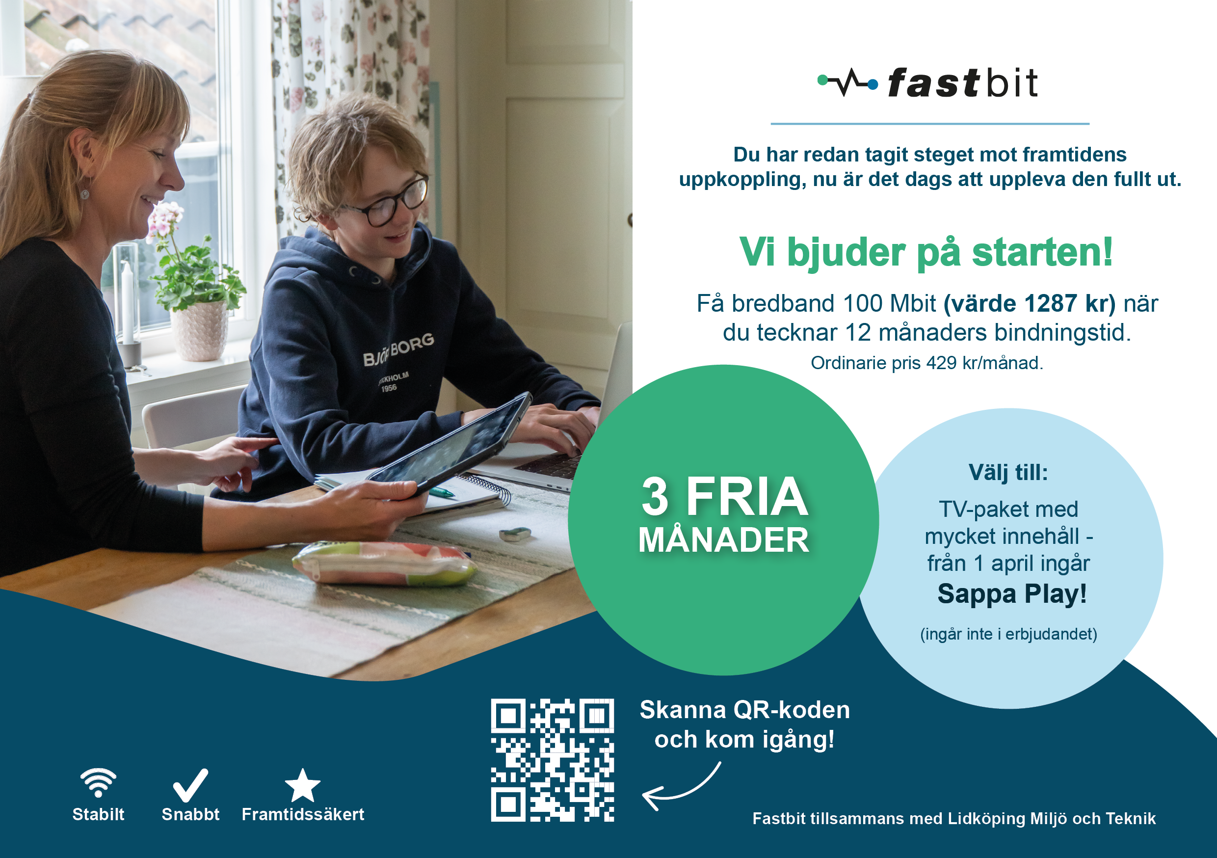 Ett vykort med mycket information om ett erbjudande. På vykortet finns en mamma och en pojke med en laptop och ipad.